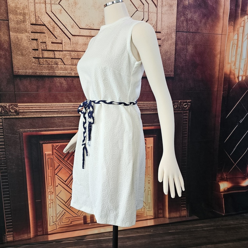 Vintage 1960's Dress Shift White Blue White Braided Belt Sleeveless Retro Pinup - Picture 12 of 13